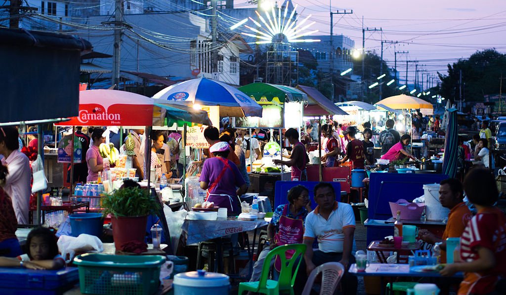 An Entire Street Transformed by Street Food Vendors at the Yasothon Rocket Festival in Thailand